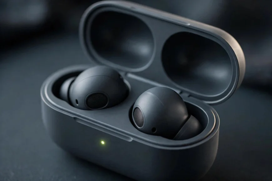 Close-up of wireless earbuds in a charging case with a glowing green battery indicator