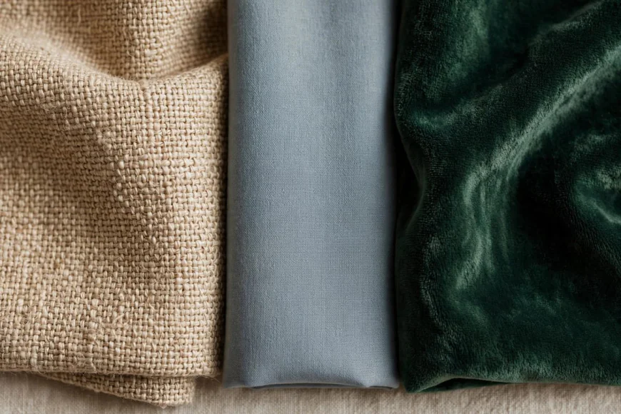 Close-up of winter fabric textures, khaddar weave, smooth marina-style cloth and plush velvet side by side