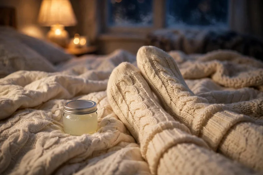 Feet in knit socks beside an unbranded jar of petroleum jelly, illustrating the nightly cracked-heel routine