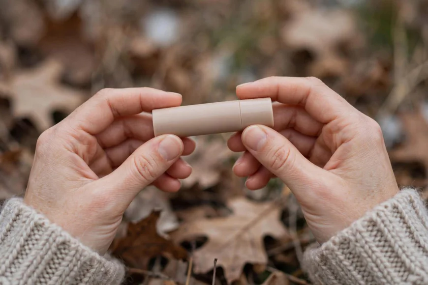 Hands holding an unbranded lip balm tube in soft winter daylight, illustrating winter lip care