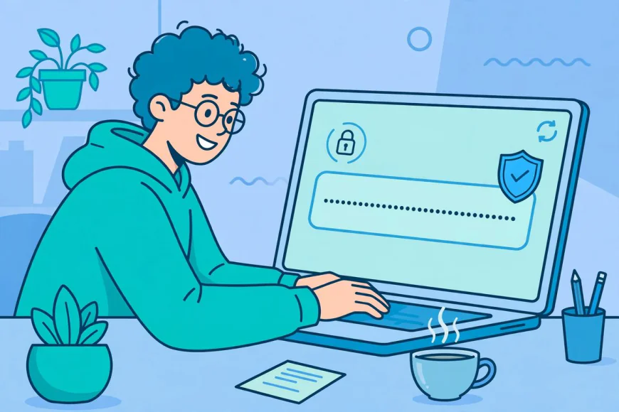 Illustration of a person generating a strong password on a laptop