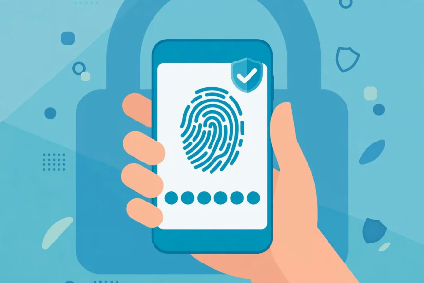 Hand holding a phone with fingerprint authentication and a verification code