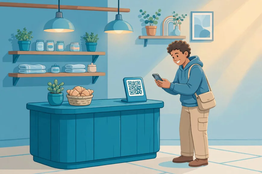 Customer scanning a QR code payment stand at a small shop counter