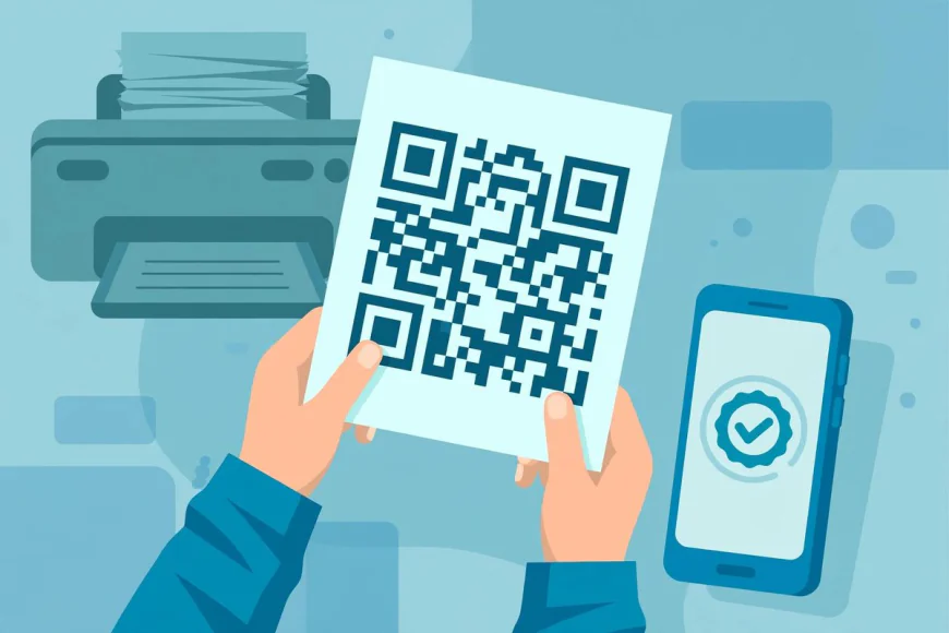 Hands holding a freshly printed QR code sheet being scanned by a phone