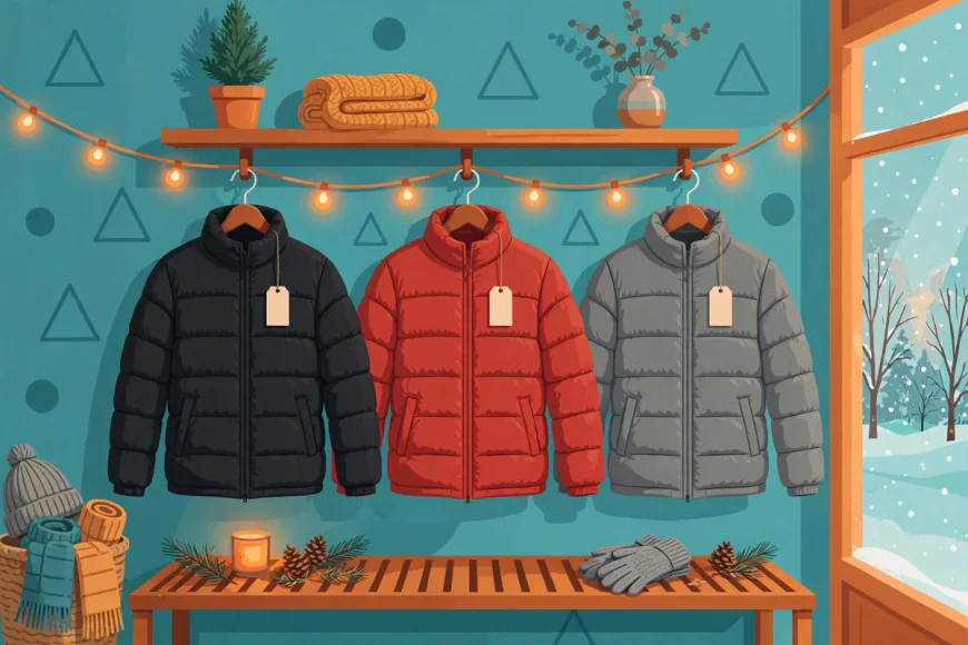 Puffer jackets in black, red and grey on display in a winter shop