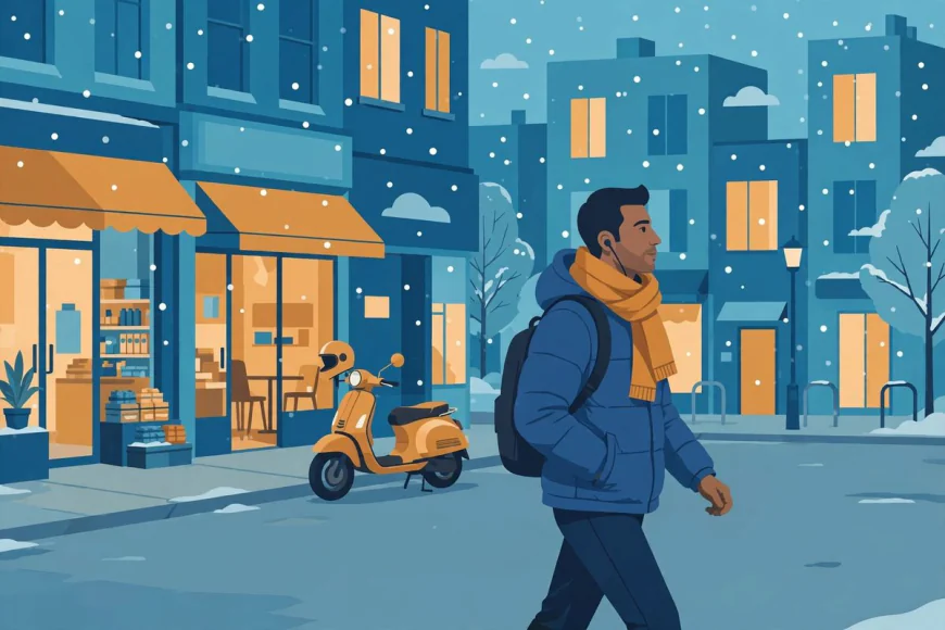 Man in a puffer jacket and scarf walking down a snowy city street