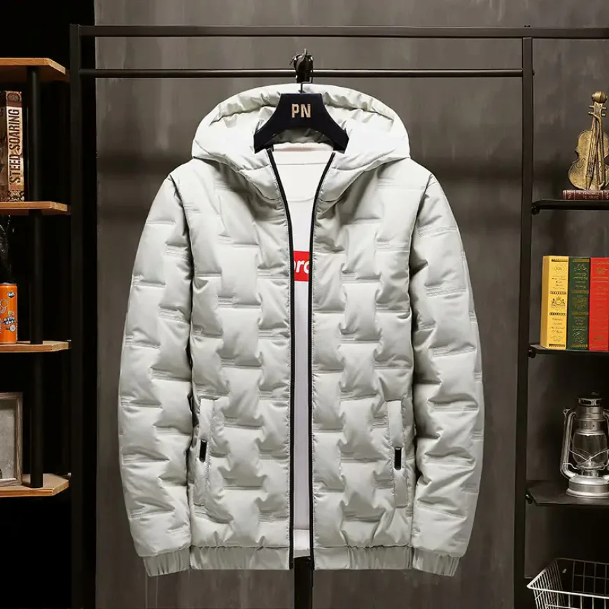 Men's black hooded cotton puffer jacket in a modern Korean cut