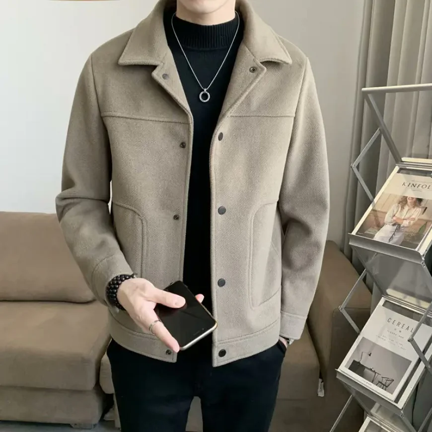 Men's woolen slim-fit winter jacket with classic collar