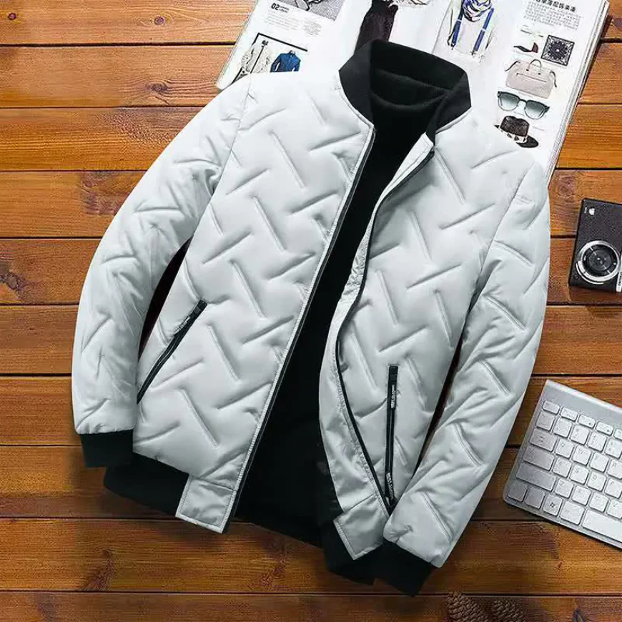 Men's grey quilted winter jacket with stand collar