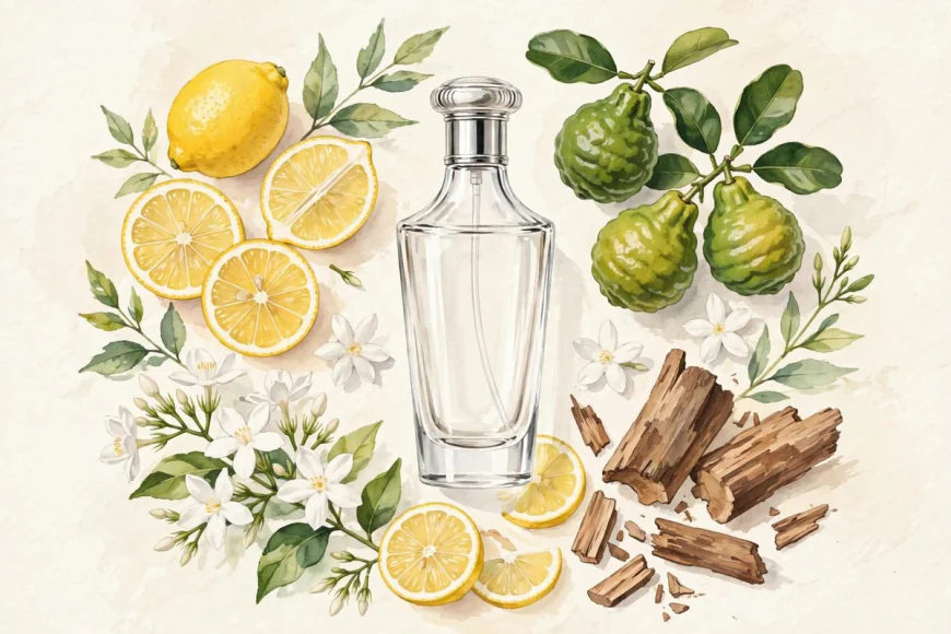 Perfume bottles arranged with citrus slices and flowers, illustrating fragrance notes