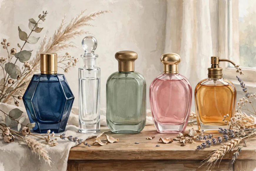 A still-life collection of perfume bottles in warm light