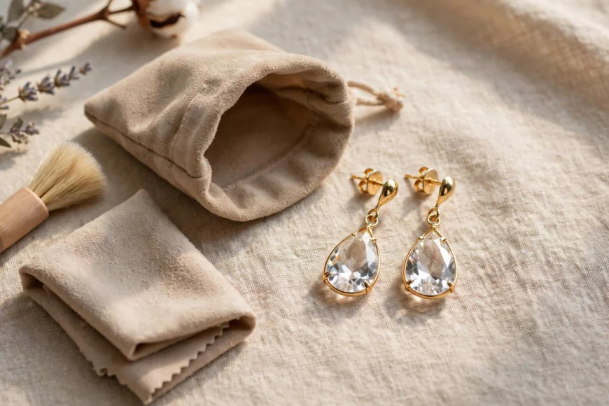 Gold-tone crystal earrings beside a soft pouch and cloth, illustrating jewellery care and storage