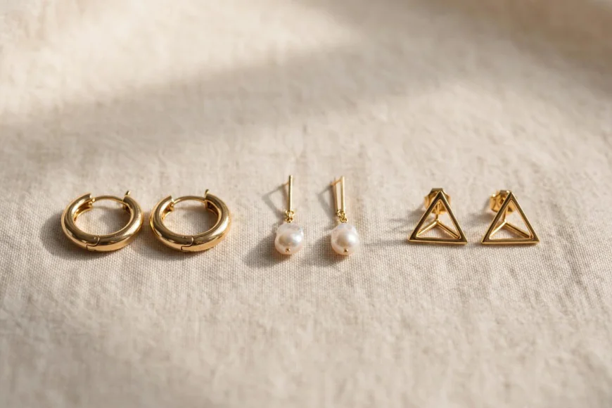 Three pairs of gold-tone earrings arranged on a light neutral background
